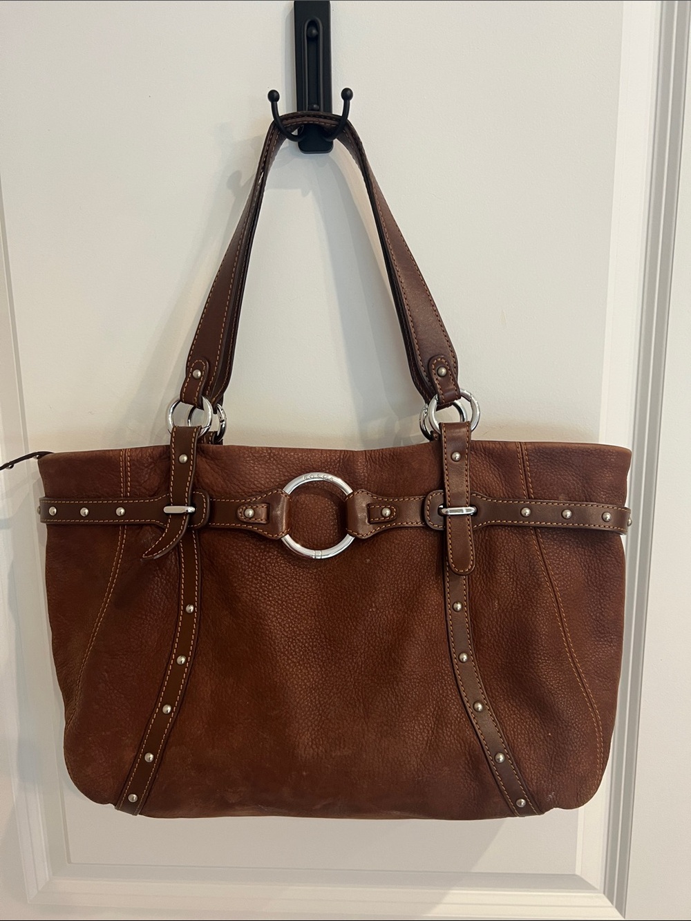Bianca Brown Leather Suede Mix Tote Shoulder Bag with Silver Ring Accent